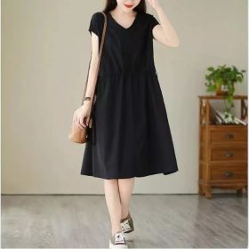 Women Dress plus Size Cotton and Linen V-neck Short Sleeve Mid-Length Dress Loose Straight Mid-Length Dress Female Casual A- Line Dress - Black