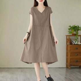 Women Dress plus Size Cotton and Linen V-neck Short Sleeve Mid-Length Dress Loose Straight Mid-Length Dress Female Casual A- Line Dress - Khaki