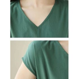 Women Dress plus Size Cotton and Linen V-neck Short Sleeve Mid-Length Dress Loose Straight Mid-Length Dress Female Casual A- Line Dress - Green - Image 6