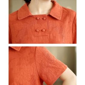2024 Women Dress Cotton and Linen Plus Size Lapel Short Sleeve Dress Loose Monochrome Midi Dress Casual - Orange - Image 2