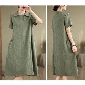 2024 Women Dress Cotton and Linen Plus Size Lapel Short Sleeve Dress Loose Monochrome Midi Dress Casual - Army Green - Image 2