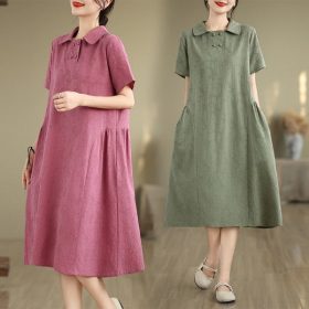 2024 Women Dress Cotton and Linen Plus Size Lapel Short Sleeve Dress Loose Monochrome Midi Dress Casual - Purple - Image 3