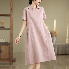 2024 Women Dress Cotton and Linen Plus Size Lapel Short Sleeve Dress Loose Monochrome Midi Dress Casual - Pink