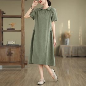 2024 Women Dress Cotton and Linen Plus Size Lapel Short Sleeve Dress Loose Monochrome Midi Dress Casual - Army Green