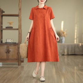 2024 Women Dress Cotton and Linen Plus Size Lapel Short Sleeve Dress Loose Monochrome Midi Dress Casual - Orange