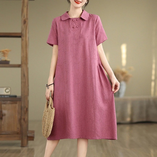 2024 Women Dress Cotton and Linen Plus Size Lapel Short Sleeve Dress Loose Monochrome Midi Dress Casual - Purple