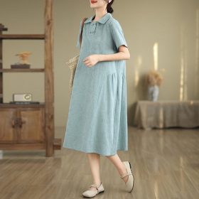 2024 Women Dress Cotton and Linen Plus Size Lapel Short Sleeve Dress Loose Monochrome Midi Dress Casual - Sky Blue