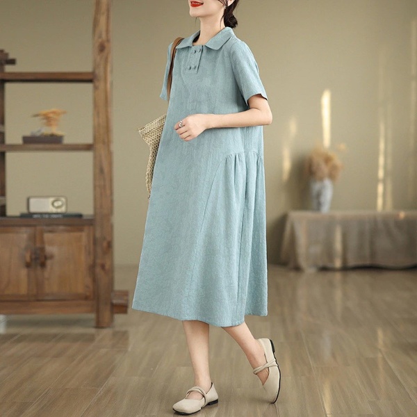 2024 Women Dress Cotton and Linen Plus Size Lapel Short Sleeve Dress Loose Monochrome Midi Dress Casual - Sky Blue