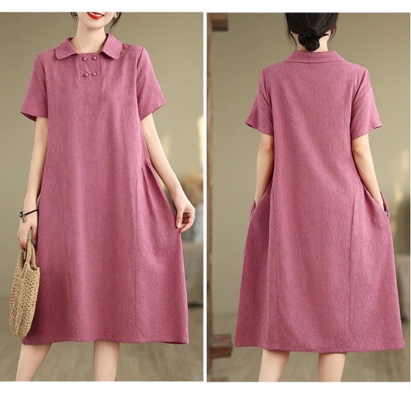 2024 Women Dress Cotton and Linen Plus Size Lapel Short Sleeve Dress Loose Monochrome Midi Dress Casual - Purple