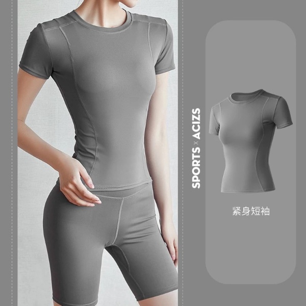 Slim Yoga Clothes Sports Fitness Tight Running Sweat-absorbent Quick-drying Short Sleeves - Grey