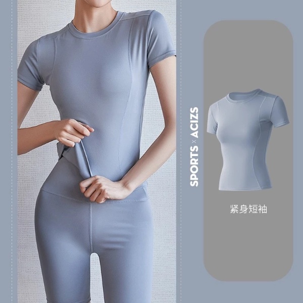 Slim Yoga Clothes Sports Fitness Tight Running Sweat-absorbent Quick-drying Short Sleeves - Lake Blue