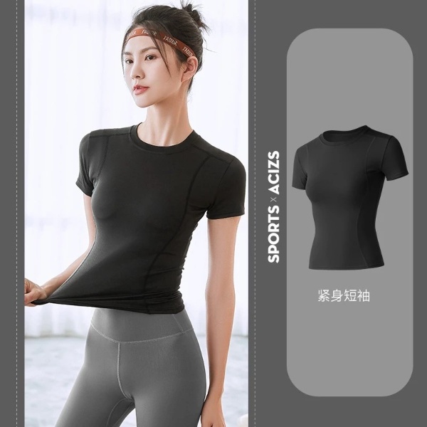 Slim Yoga Clothes Sports Fitness Tight Running Sweat-absorbent Quick-drying Short Sleeves - Black