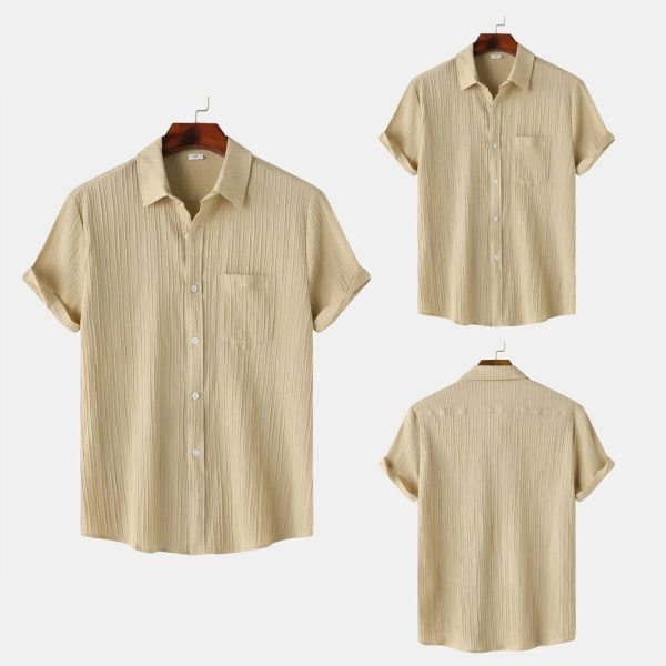 2024 Men's Quality Special Texture Aesthetic Simple Casual Loose Collar Shorts Sleeve Shirt with Pocket - Khaki