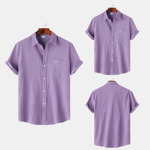 2024 Men's Quality Special Texture Aesthetic Simple Casual Loose Collar Shorts Sleeve Shirt with Pocket - Purple
