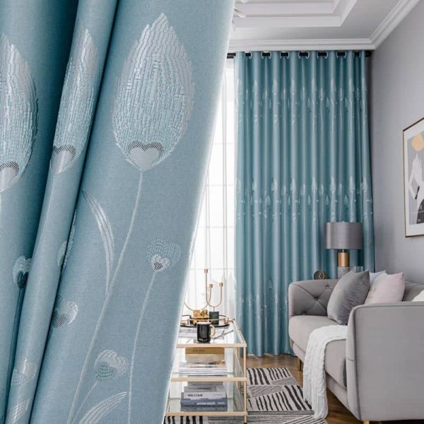 Blackout Shading Jacquard Curtains Sliding Door Curtain for Bedroom Living Room - Lily Blue