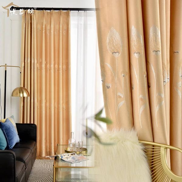 Blackout Shading Jacquard Curtains Sliding Door Curtain for Bedroom Living Room - Lily Gold Champagne