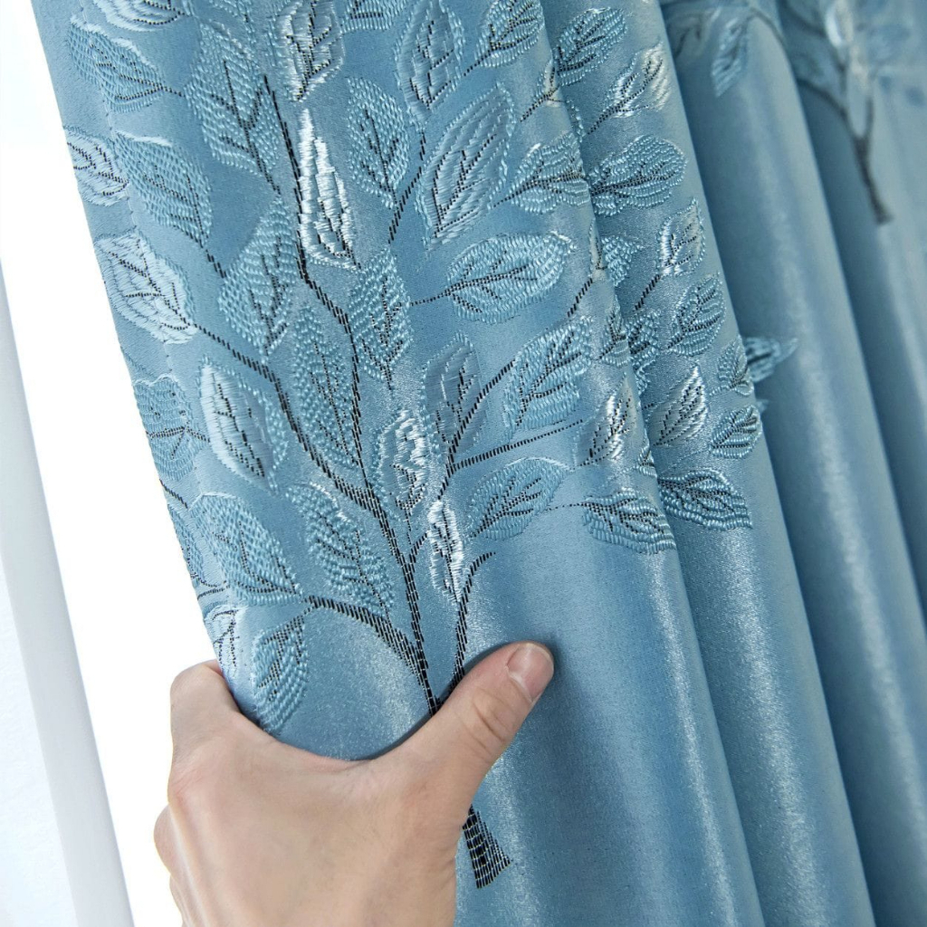 Blackout Shading Jacquard Curtains Sliding Door Curtain for Bedroom Living Room - Money Tree Blue - Image 1