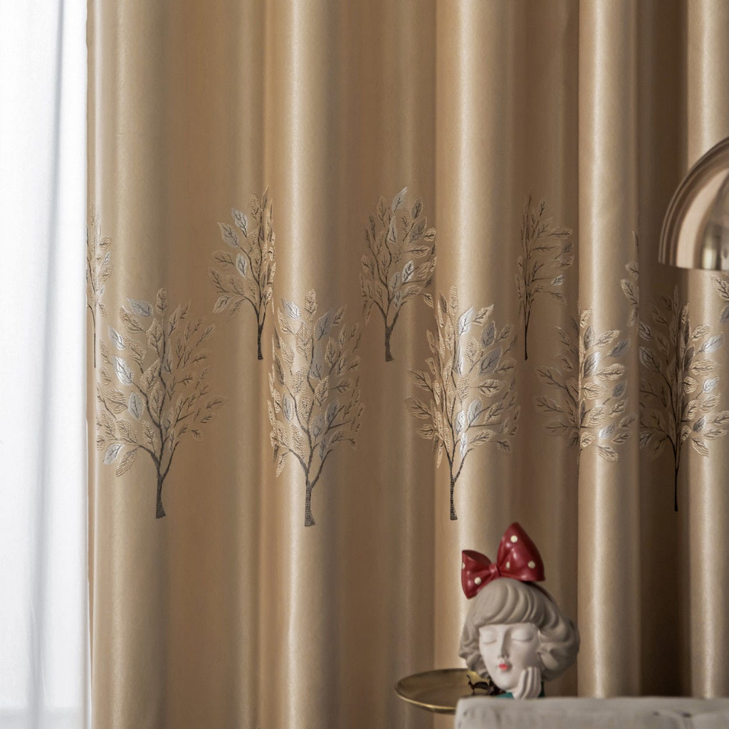 Blackout Shading Jacquard Curtains Sliding Door Curtain for Bedroom Living Room - Money Tree Gold - Image 1
