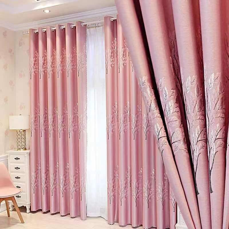 Blackout Shading Jacquard Curtains Sliding Door Curtain for Bedroom Living Room - Money Tree Pink - Image 1