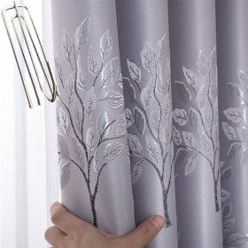 Blackout Shading Jacquard Curtains Sliding Door Curtain for Bedroom Living Room - Money Tree Silver