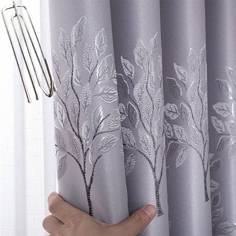 Blackout Shading Jacquard Curtains Sliding Door Curtain for Bedroom Living Room - Money Tree Silver - Image 1