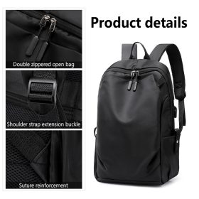 Large Capacity Backpack Waterproof Laptop Backpack Trendy Nylon USB Charging Travel Bag Casual - Black - Image 3
