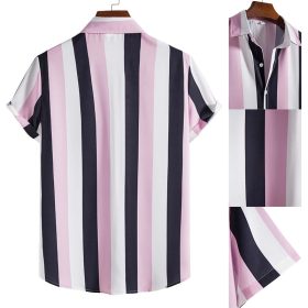 Men's Striped Button Up Polo Shirt Short Sleeve Casual Vertical Stripes Plus Size - Pink - Image 2