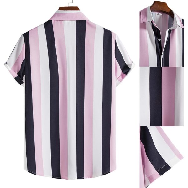 Men's Striped Button Up Polo Shirt Short Sleeve Casual Vertical Stripes Plus Size - Pink