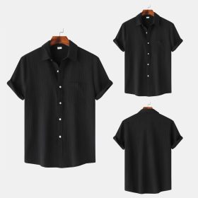 2024 Men's Quality Special Texture Aesthetic Simple Casual Loose Collar Shorts Sleeve Shirt with Pocket - Black - Image 2