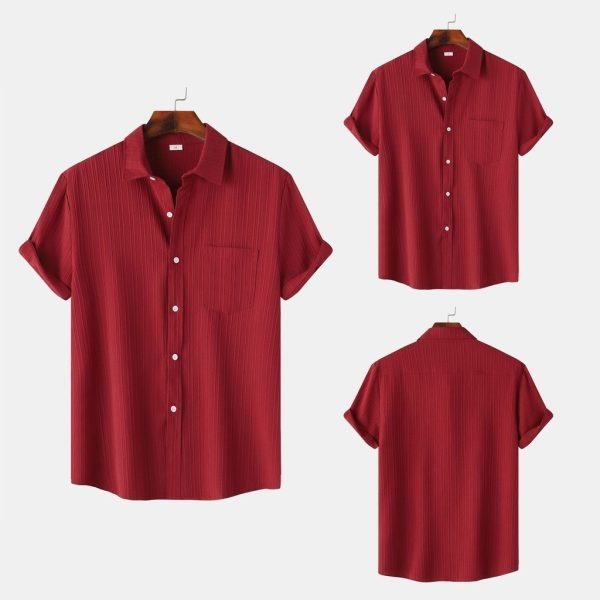 2024 Men's Quality Special Texture Aesthetic Simple Casual Loose Collar Shorts Sleeve Shirt with Pocket - Red