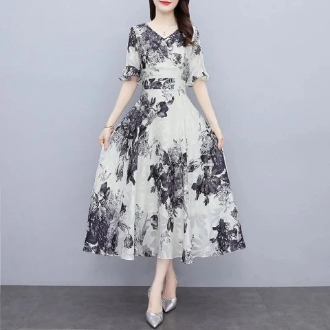 Women Fashion V-neck Midi Skirt Fashion Short Sleeves Pullover Dress Elegant Floral Printing A-line Skirt - White