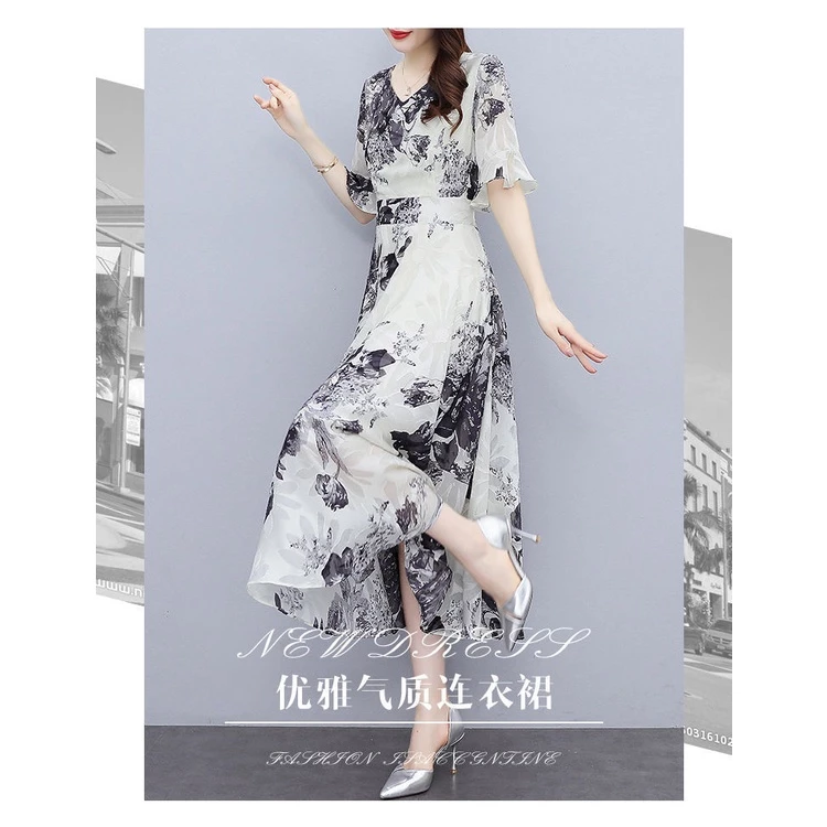 Women Fashion V-neck Midi Skirt Fashion Short Sleeves Pullover Dress Elegant Floral Printing A-line Skirt - White - Image 5