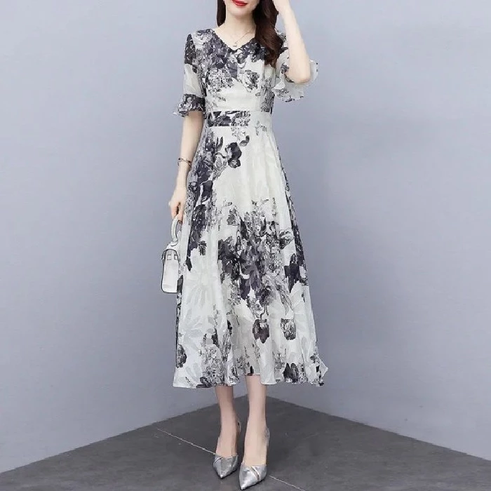 Women Fashion V-neck Midi Skirt Fashion Short Sleeves Pullover Dress Elegant Floral Printing A-line Skirt - White - Image 4