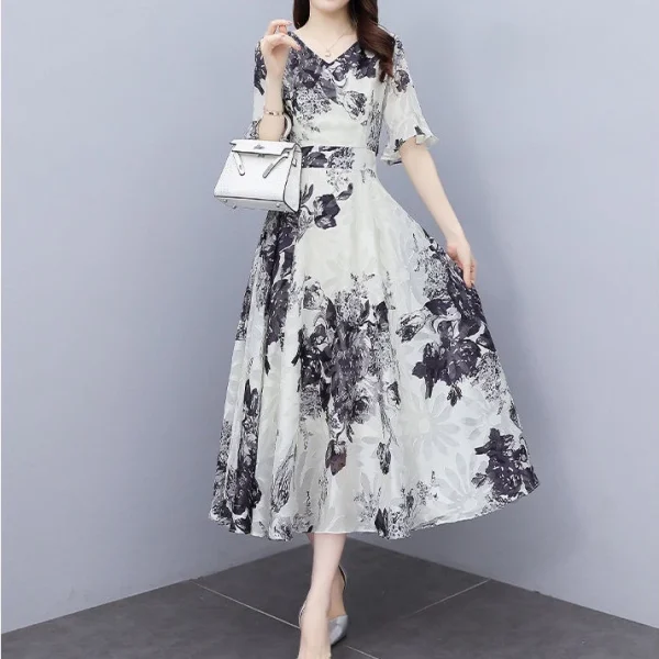 Women Fashion V-neck Midi Skirt Fashion Short Sleeves Pullover Dress Elegant Floral Printing A-line Skirt - White