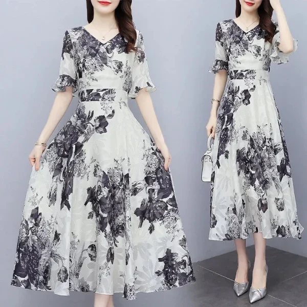 Women Fashion V-neck Midi Skirt Fashion Short Sleeves Pullover Dress Elegant Floral Printing A-line Skirt - White