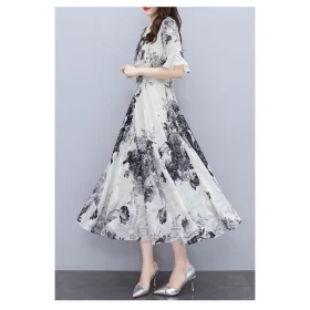 Women Fashion V-neck Midi Skirt Fashion Short Sleeves Pullover Dress Elegant Floral Printing A-line Skirt - White - Image 8