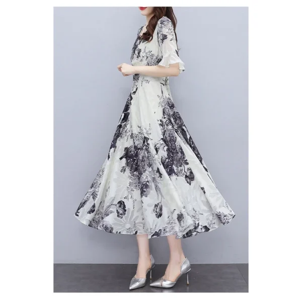 Women Fashion V-neck Midi Skirt Fashion Short Sleeves Pullover Dress Elegant Floral Printing A-line Skirt - White