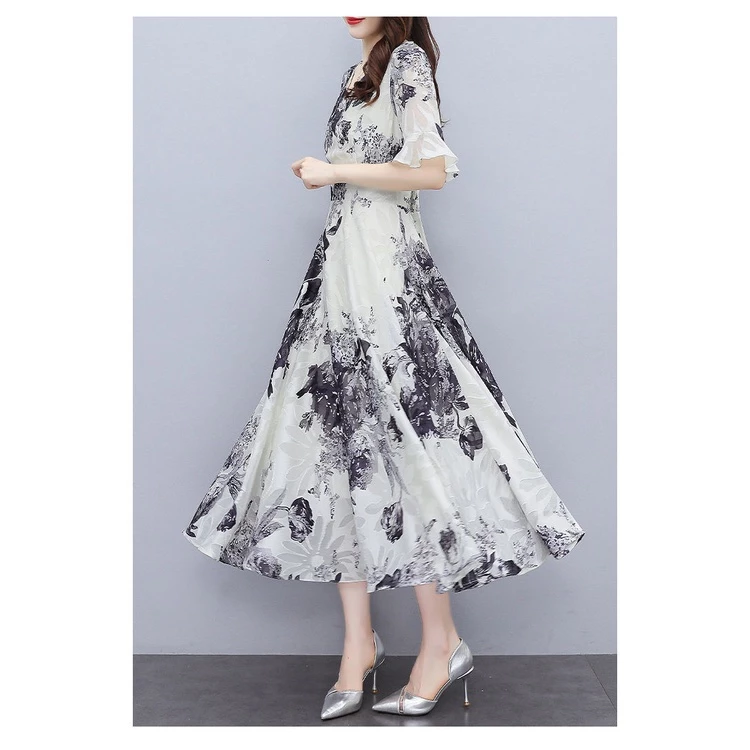 Women Fashion V-neck Midi Skirt Fashion Short Sleeves Pullover Dress Elegant Floral Printing A-line Skirt - White - Image 8