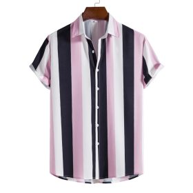 Men's Striped Button Up Polo Shirt Short Sleeve Casual Vertical Stripes Plus Size - Pink - Image 1
