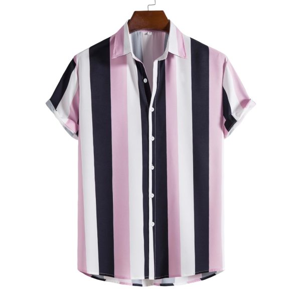 Men's Striped Button Up Polo Shirt Short Sleeve Casual Vertical Stripes Plus Size - Pink