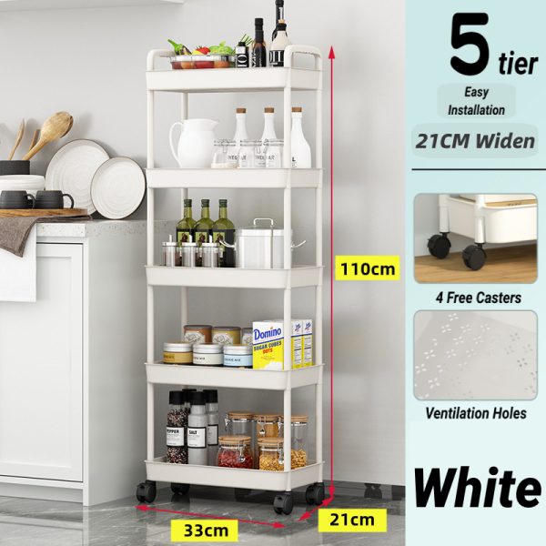JOYNEST 5 Tier Trolley Racks with Wheels Multifunction Storage Shelf Rack for Kitchen Office Home Book Baby Toys - White