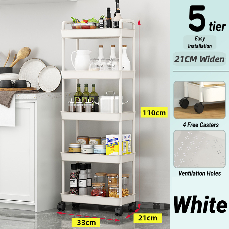 JOYNEST 5 Tier Trolley Racks with Wheels Multifunction Storage Shelf Rack for Kitchen Office Home Book Baby Toys - White - Image 1