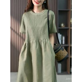 Cotton Linen Dress Mid-Length Dress 2023 Spring Summer New Style Korean Loose Slimmer Look Solid Color Dress J123 - Green - Image 3