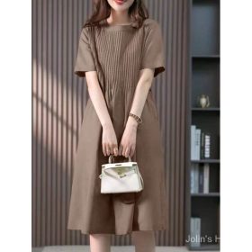 Cotton Linen Dress Mid-Length Dress 2023 Spring Summer New Style Korean Loose Slimmer Look Solid Color Dress J123 - Khaki - Image 2
