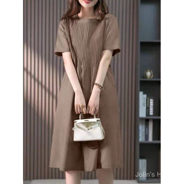 Cotton Linen Dress Mid-Length Dress 2023 Spring Summer New Style Korean Loose Slimmer Look Solid Color Dress J123 - Khaki
