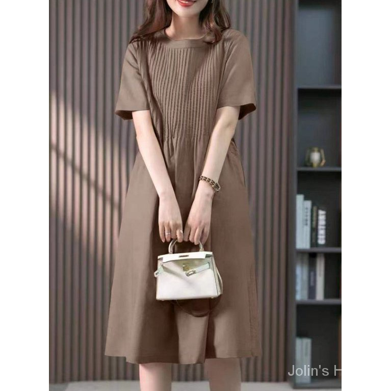 Cotton Linen Dress Mid-Length Dress 2023 Spring Summer New Style Korean Loose Slimmer Look Solid Color Dress J123 - Khaki - Image 2