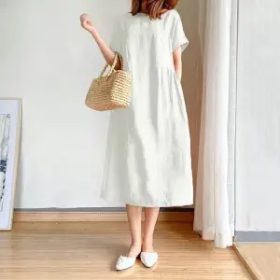 Korean Simple Art Dress Cotton Dress large size dress - White - Image 1