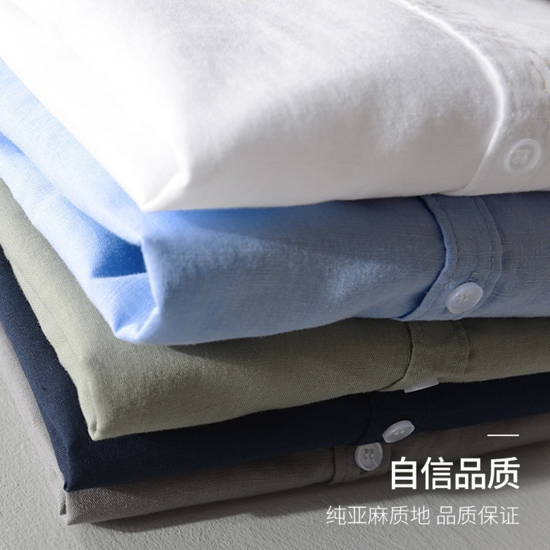Casual Linen Cotton Long Sleeve Shirt Men Summer New Basic Lapel - Light Blue - Image 3