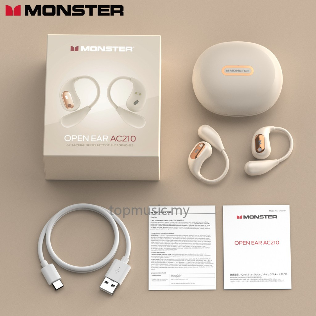 Monster Open Ear AC210 Wireless Earphone Bluetooth 5.4 TWS Sports Earphone Waterproof In-Ear HiFi Stereo Noise Canceling Earbuds - White - Image 6