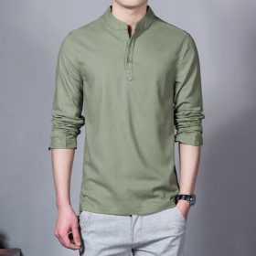 Long Sleeve Slim Fit Men Shirt Stand Collar Plain Casual Linen Shirt Men Pullover - Army Green